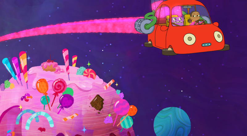 CAPTION: When Home: Adventures with Tip & Oh premieres on Netflix July 29, Tip and Oh zoom past a moon made of sugar as they journey to the grand Gorg Birthday celebration.